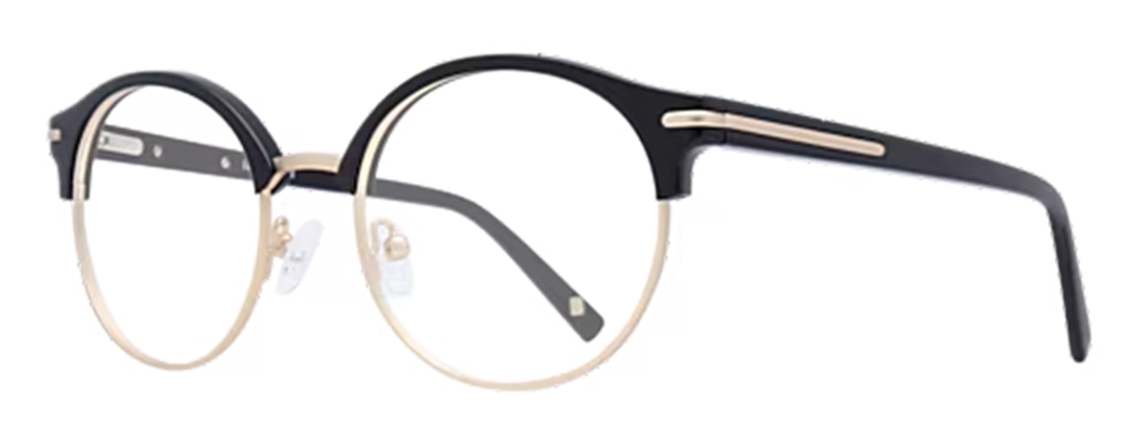Side profile of round gold metal glasses featuring clear rubber nose pads, a pronounced black acetate brow, and matching black acetate temples.