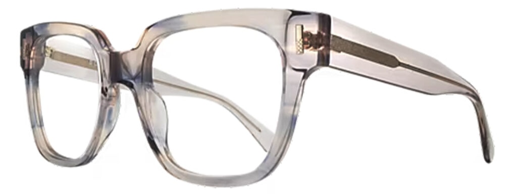 A close up of a pair of blush-beige transparent acetate square glasses, featuring a bold shape and large lenses.