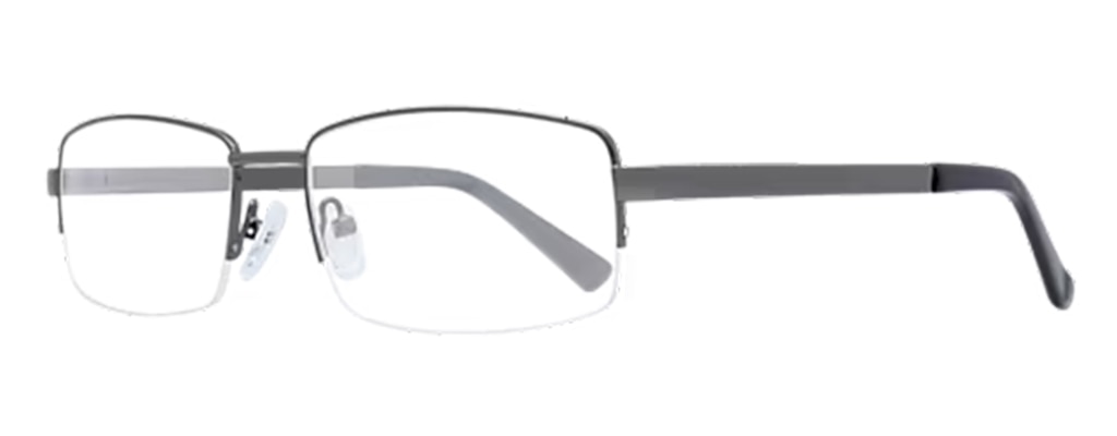 Side view of sleek gunmetal semi-rimless rectangular glasses with transparent rubber nose pads and black plastic temple tips.
