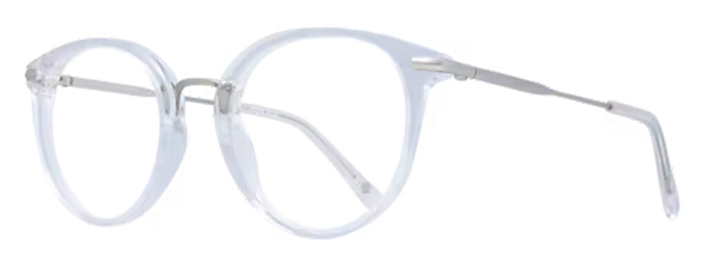 A close up of a pair of transparent round acetate glasses, featuring a silver metal bridge and temples.