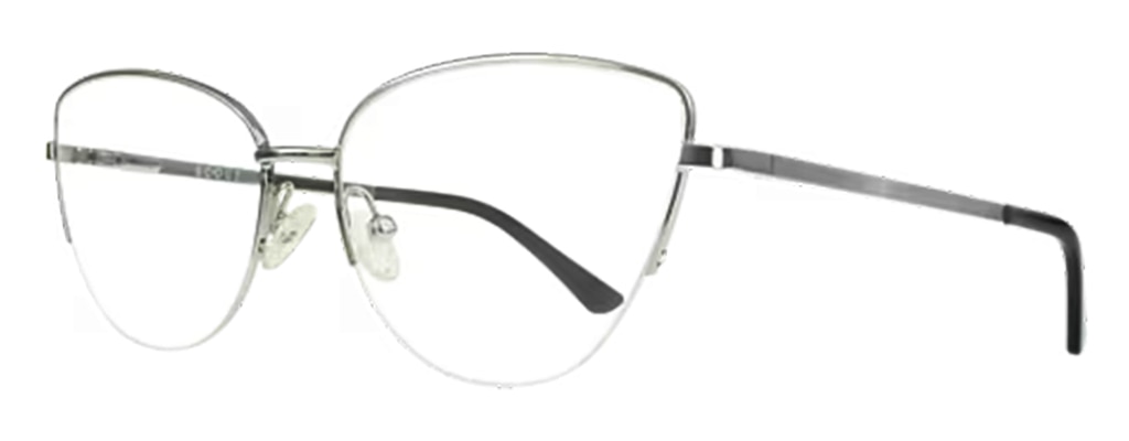 Side view of sleek silver semi-rimless butterfly glasses with transparent rubber nose pads and black plastic temple tips.
