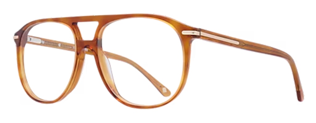 Side profile of large honey-coloured acetate pilot glasses featuring a double bridge and decorative metal bar along the temples.