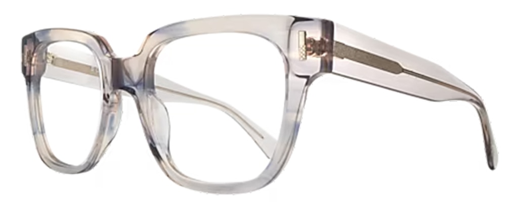 Side profile of extra-large square acetate glasses in a crystal-clear finish, detailed with metal pin accents.