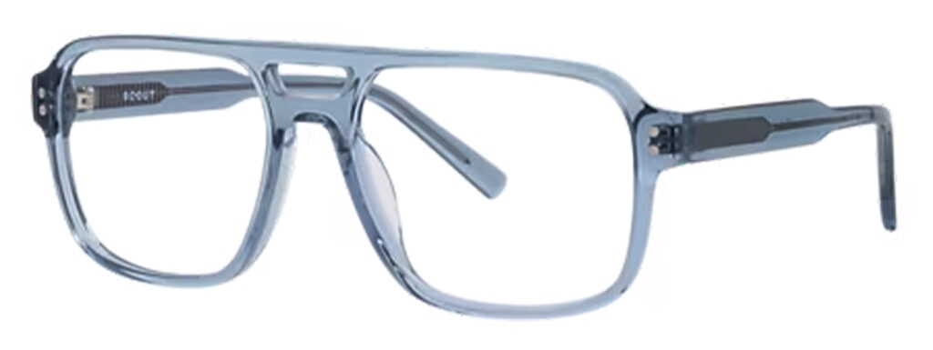 A close up of a pair of transparent blue pilot frames with metal accents.
