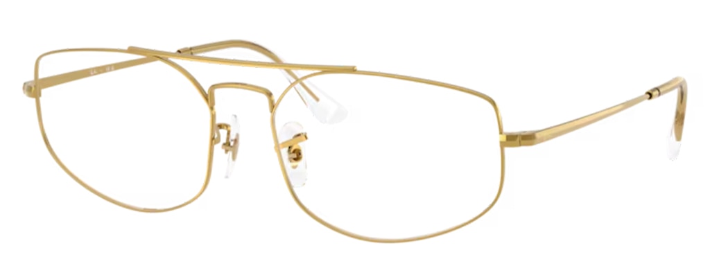 Close-up of a pair of gold metal aviator glasses with a double bridge, featuring narrow geometric-shaped lenses, adjustable nose pads, and subtle Ray-Ban branding along the temples.
