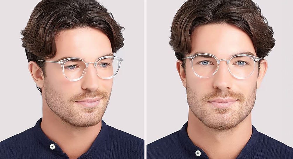Side-by-side images of a man with short brown hair and light stubble wearing clear round glasses and a navy-blue shirt, shown from a three-quarter view on the left and facing forward on the right, against a neutral background.