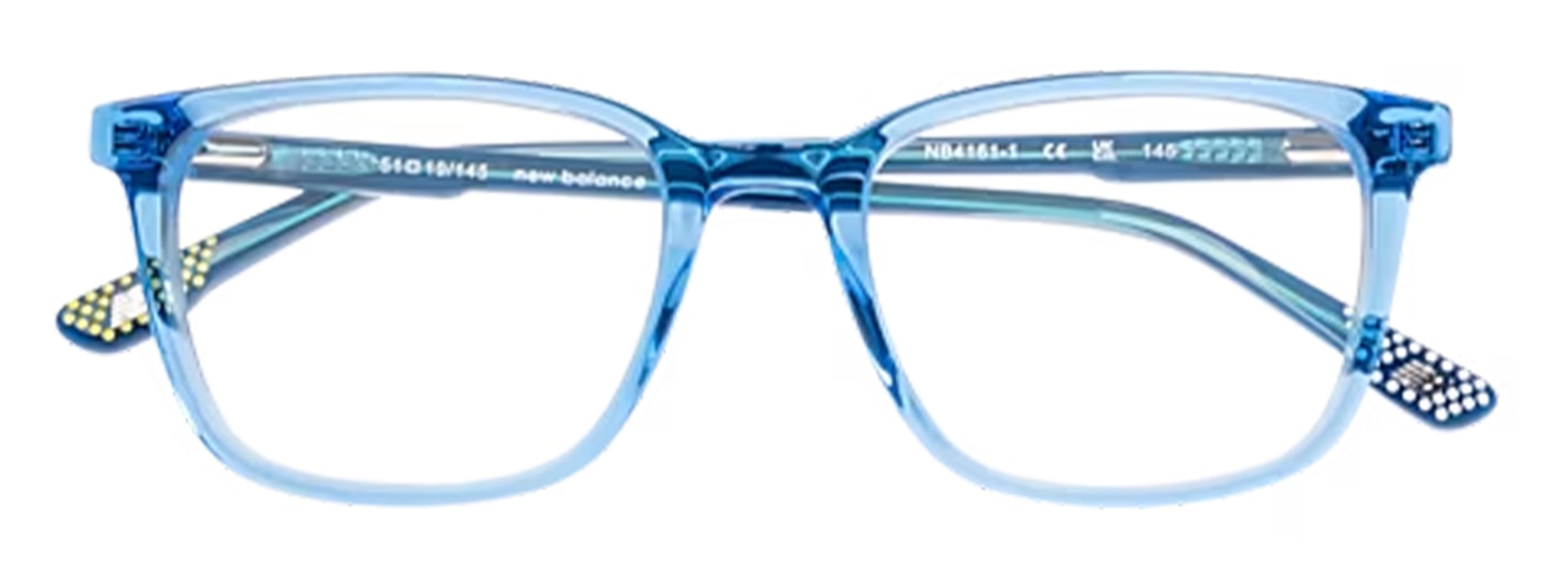 New Balance transparent blue acetate rectangular glasses, folded.