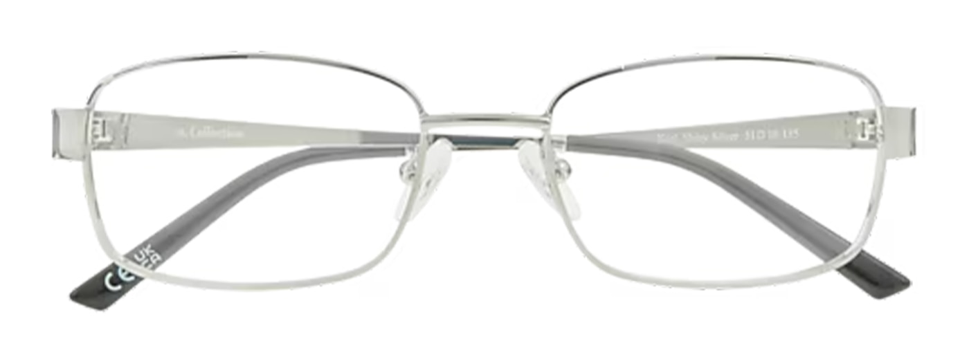 Silver metal rectangular glasses with clear rubber nose pads and black plastic tips, folded.