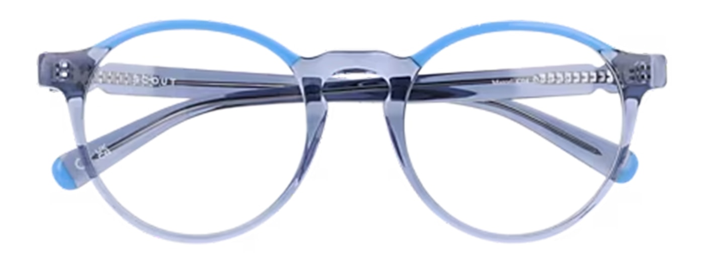 Round transparent blue glasses with a keyhole bridge and bright blue accents, folded.