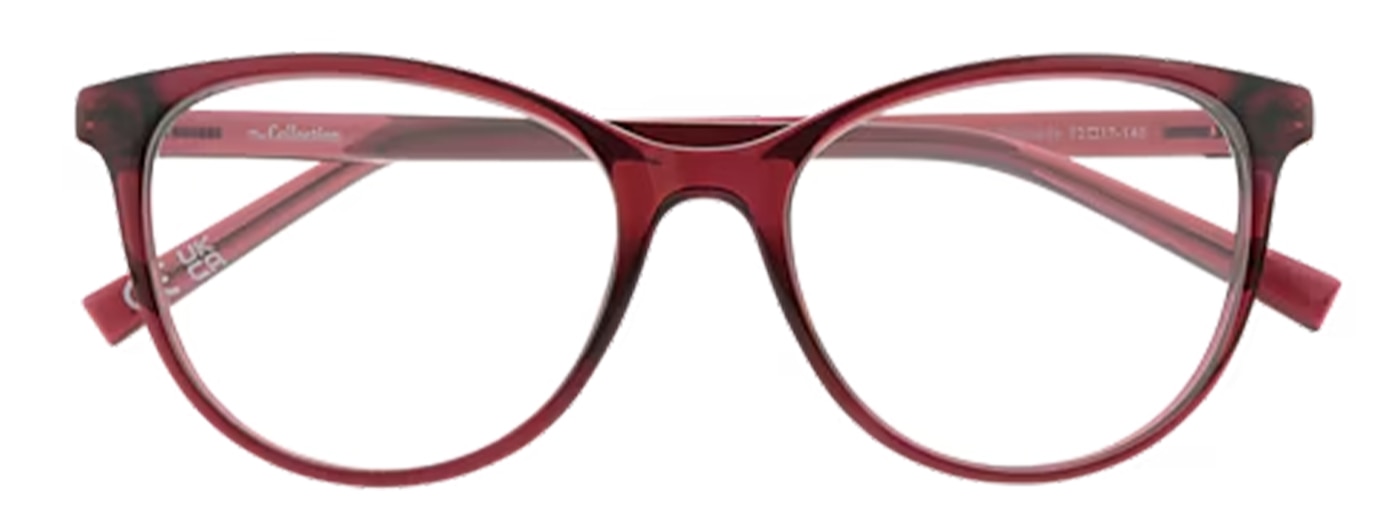Shiny burgundy plastic cat-eye glasses, folded.