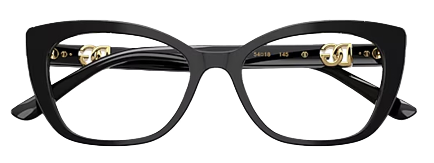 Dolce & Gabbana bold black acetate cat-eye glasses with branded gold metal accents, folded. 