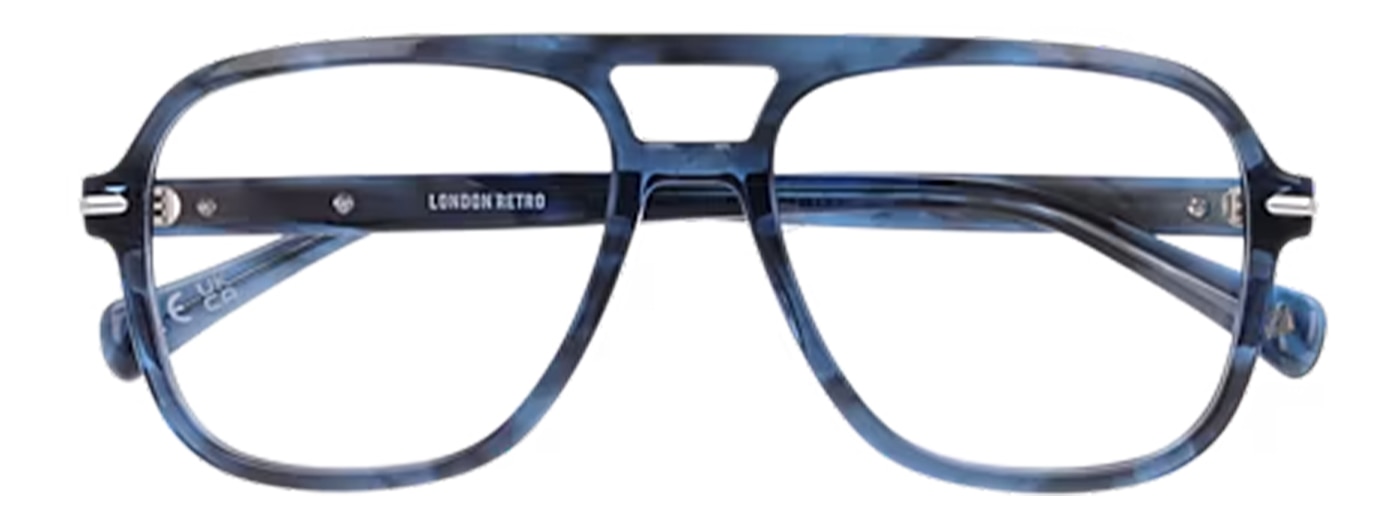 Large horn blue acetate pilot glasses with metal bar accents along the temples, folded. 