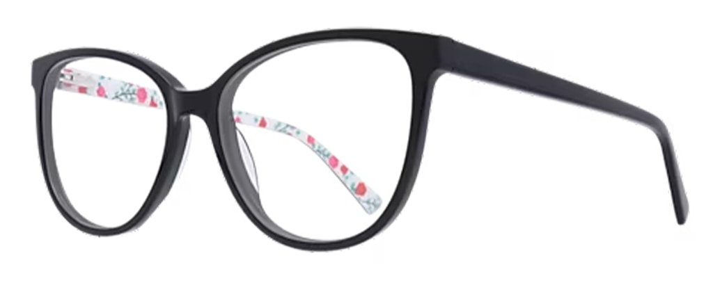 Black acetate cat-eye glasses with floral print inside the frame, side view. Mother's Day gift.