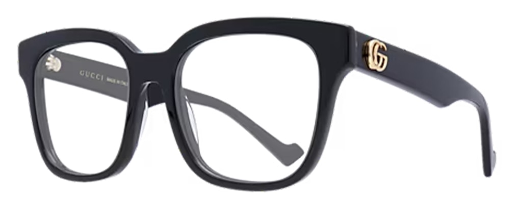 Black acetate oversized rectangular glasses with gold Double 'G' accents from Gucci, side view. Mother's Day gift.