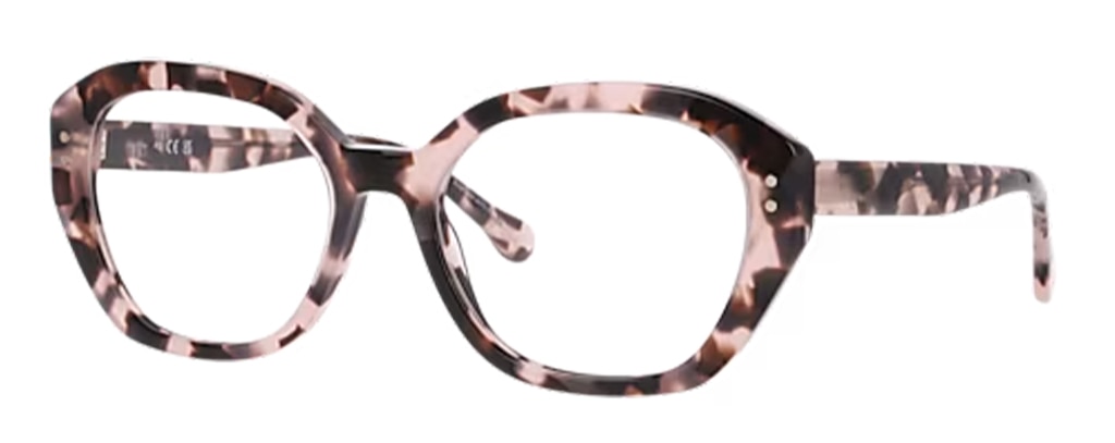 Pink Havana angular cat-eye glasses with pin detailing and pink ribbon accents on the temple tips, side view. Mother's Day gift.