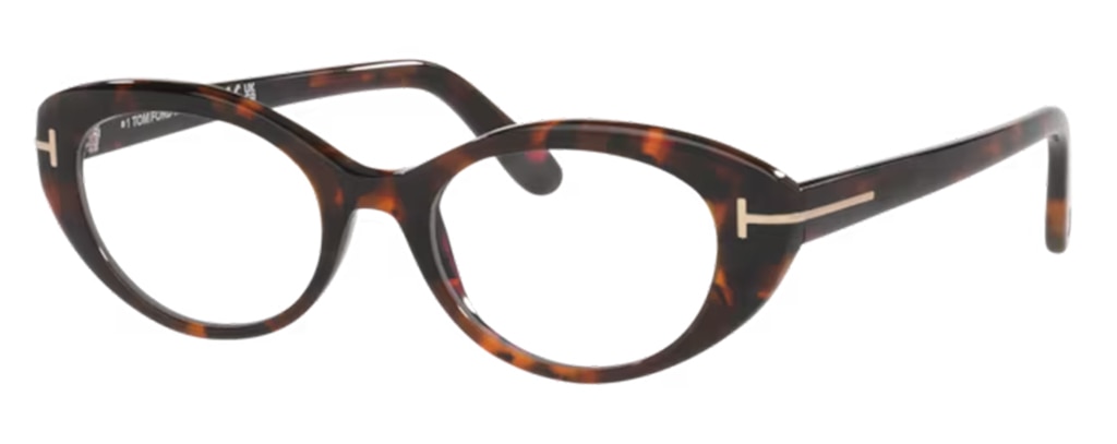 Tortoiseshell acetate oval glasses from Tom Ford with gold metal 'T' accents on the temples, side view. Mother's Day gift.