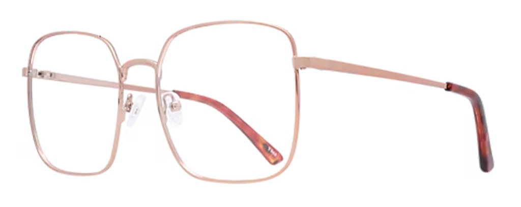 Rose pink metal oversized square glasses with dark pink acetate temple tips and clear rubber nose pads, side view. Mother's Day gift.