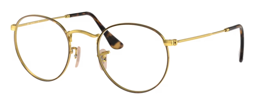 Gold metal round Ray-Ban glasses with Havana acetate rims and temple tips, and clear nose pads. Mother's Day gift.