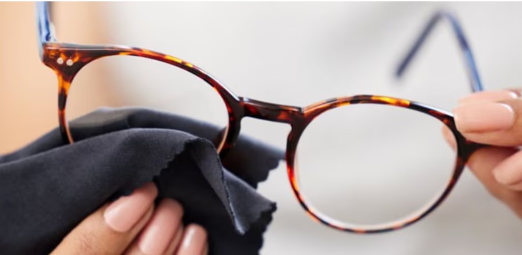 A close-up of round tortoiseshell glasses being cleaned with a soft black microfibre cloth. Hands with light pink nail polish hold the frame while wiping one lens, demonstrating proper lens cleaning and care.