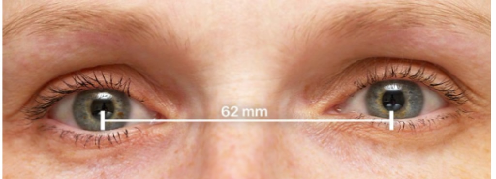 A close up shot of someone's eyes, demonstrating pupillary distance. 