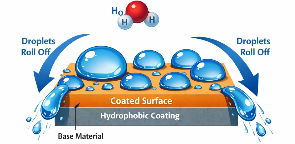 A diagram illustrating how a hydrophobic coating works on a surface. Water droplets form rounded beads on top of a coated layer instead of spreading out. Arrows on both sides show the droplets rolling off the surface. The layers are labelled: a top “Coated Surface,” beneath it “Hydrophobic Coating,” and at the bottom “Base Material.” A small water molecule (H₂O) is shown above, indicating the interaction with water.