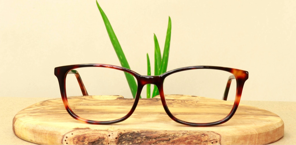 Sustainable tortoiseshell rectangular eyeglasses placed on a natural wood surface with green plant leaves peaking in the background, styled as an eco-friendly product display.
