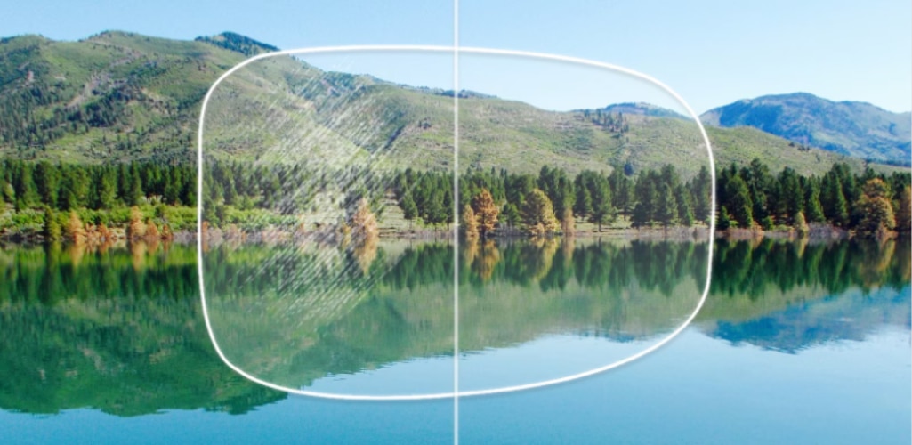 Comparison of scratched vs clear lens view over a landscape, illustrating anti-scratch coating effect.