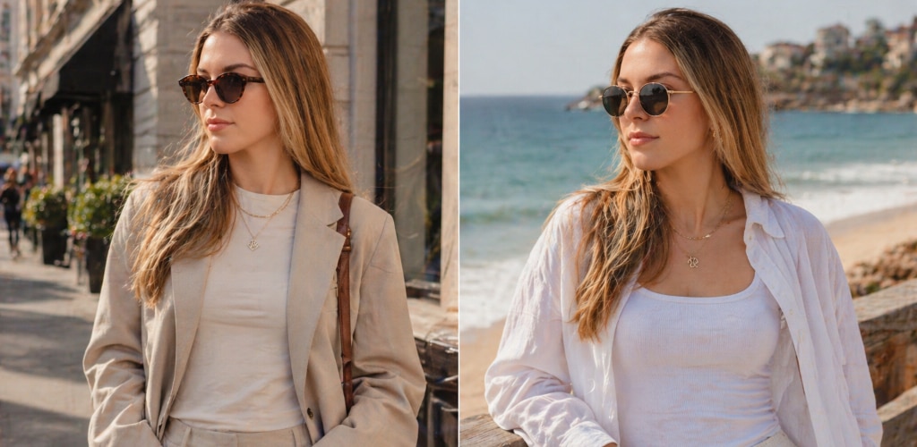 A split image shows the same woman in two different settings, both wearing sunglasses. On the left, she’s in a city environment dressed in a neutral-toned suit with a blazer, carrying a bag and wearing tortoiseshell, slightly angular frames. On the right, she’s by the seaside in a lighter, more relaxed outfit with a white shirt, wearing round metal sunglasses. The contrast highlights a transition from city style to a beach setting.