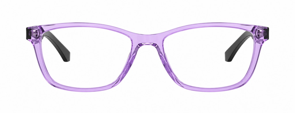Emporio Armani EA3099 cat-eye glasses in transparent purple acetate with black temples.
