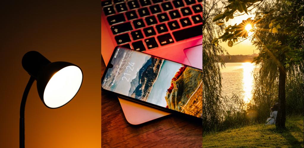 Split image showing three sources of blue light: LED black desk lamp, smartphone resting on a laptop keyboard, and natural sunlight shining through the trees on a lake outdoors.