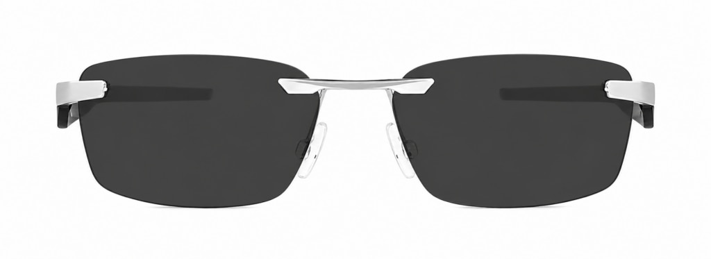 Oakley® Steakhouse 1.0 rimless rectangular sunglasses with metal bridge and black sculpted temples.