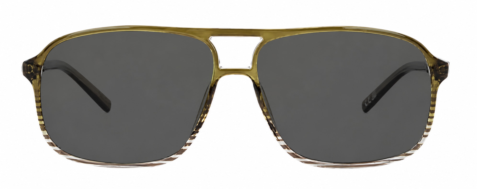 World Cup Brazil: Front-facing image of oversized aviator-style sunglasses with a translucent grey and olive-green frame and dark grey tinted lenses. The frame features a distinctive double bridge and subtle striped detailing along the lower rims. The temples are partially visible behind the lenses.