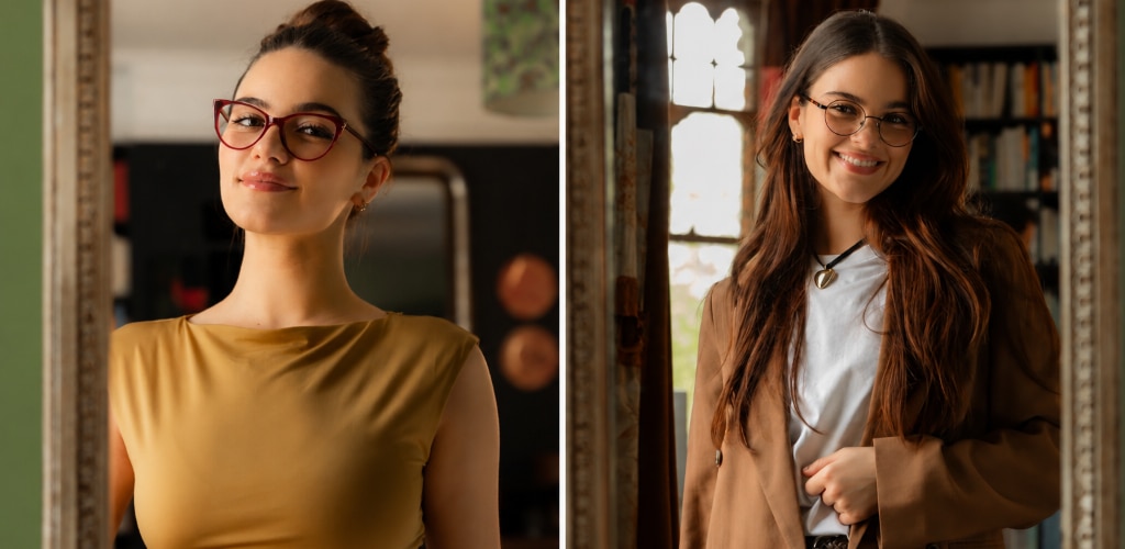 Side-by-side lifestyle portrait of a woman with long brown hair, showcasing two distinct eyewear looks for an acetate vs metal frames comparison. In one image, she wears bold red cat-eye acetate glasses paired with a vibrant yellow sleeveless top for a confident, fashion-forward feel. In the second, she styles slim round metal frames with a brown blazer layered over a white tee, creating a softer, minimalist look with effortless everyday appeal.
