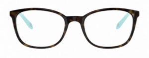 Front-facing view of a pair of Tiffany & Co square glasses with a dark Havana-patterned frame on a light grey background. The frame features softly upswept outer corners, angular lenses and a glossy acetate finish. Light Tiffany Blue temple arms are visible behind the lenses, adding a subtle pop of colour to the classic tortoiseshell design.