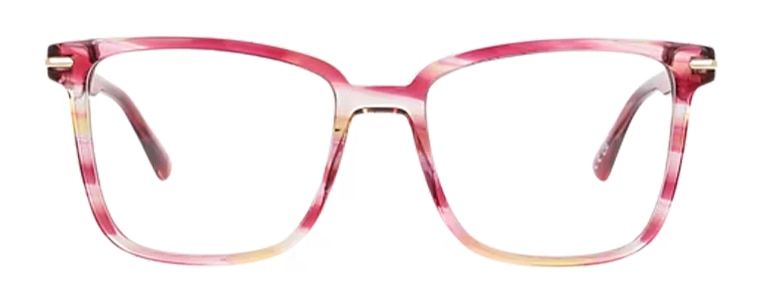 Front view of the London Retro Balham translucent pink glasses with a softly squared shape and slightly upswept corners. The frames features the GD exclusive Sunset Romance hue, which is layered shades of pink with subtle yellow and blush tones. The glasses are shown against a plain light background.
