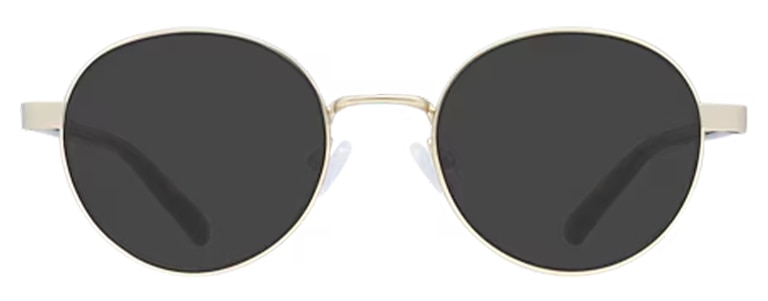 Round gold metal sunglasses with polarised tinted lenses, slim metal frames, and clear adjustable rubber nose pads for a comfortable fit.