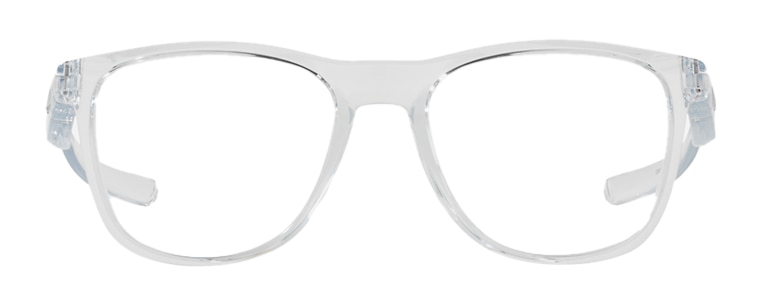 Front view of a pair of Oakley Trillbe™ X clear glasses with a softly rounded square shape and transparent finish. The lightweight acetate frame features clean lines, subtle contours and matching translucent temples with subtle branding. The glasses are displayed against a plain light background.