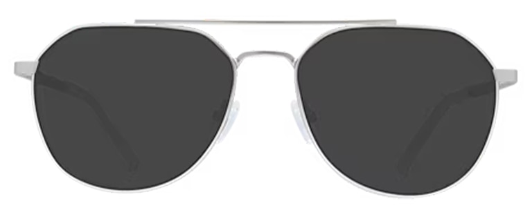 Aviator-style silver metal sunglasses with polarised tinted lenses, a double bridge, and clear adjustable rubber nose pads for a secure, comfortable fit.