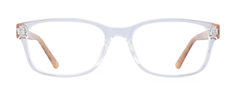 Front view of The Collection Dewy clear eyeglasses with a slim rectangular shape and slightly softened edges. The transparent frame is paired with light tan patterned temples. It's displayed against a plain light background.