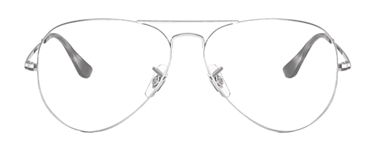 Front view of a pair of Ray-Ban® aviator glasses with a thin silver metal finish. The frame features large teardrop-shaped lenses, a double bridge design and adjustable nose pads. Slim temples and minimal detailing contribute to a clean, understated look. The glasses are displayed against a plain light background.
