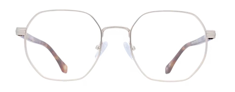 Front view of London Retro Hainault metal glasses with a thin gold finish and softly angled hexagonal lenses. The frame features adjustable nose pads and subtle tortoiseshell-patterned temples. The glasses are displayed against a plain light background.