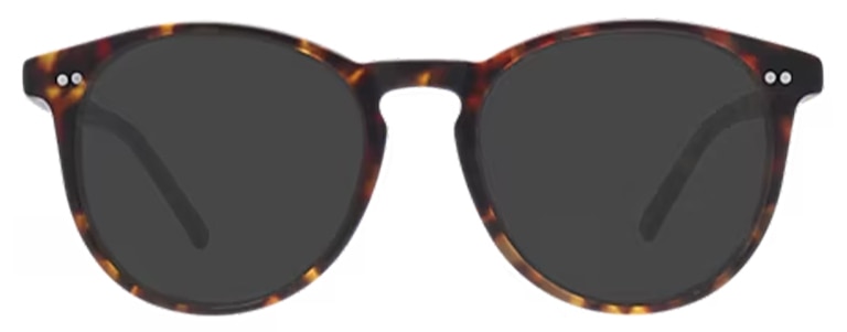 Tortoiseshell phantos-style acetate sunglasses with rounded lenses, a keyhole bridge, and metal pin accents at the outer corners of the frame.