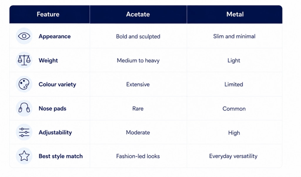Comparison table highlighting key differences between acetate and metal frames, including appearance, weight, colour variety, nose pads, adjustability, and style preferences.