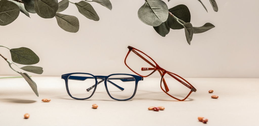 Two pairs of Glasses Direct bio-nylon eyeglass frames are displayed on a neutral beige surface beneath decorative eucalyptus leaves. The Louis blue square frame sits in the foreground, while the Leslie translucent amber-brown rectangular frame is propped at an angle behind it. Small castor seeds are scattered across the surface, reinforcing the eco-conscious theme. The soft, earthy colour palette and botanical styling create a calm, nature-inspired setting that highlights the environmentally friendly materials and contemporary design of the eyewear.