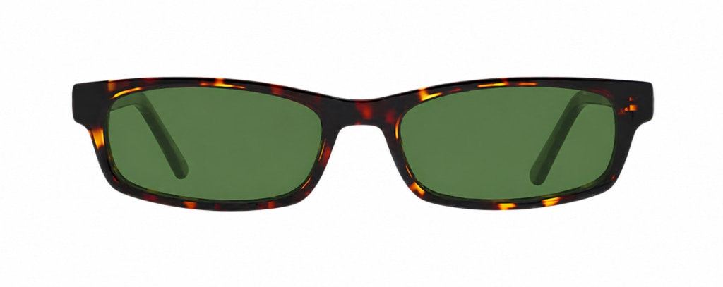 Rectangular tortoiseshell sunglasses with green lenses. 