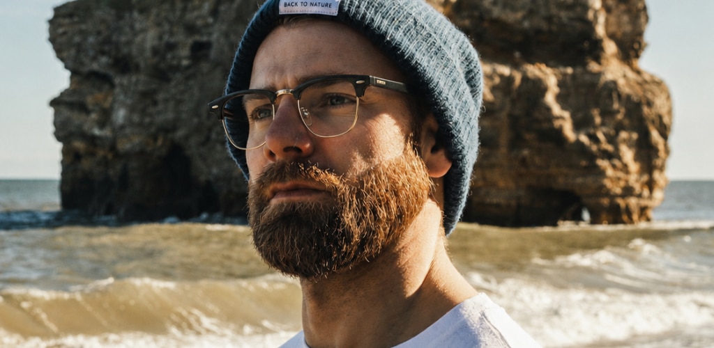 Man with a full beard wearing a grey beanie and browline glasses with a dark acetate upper frame and gold metal lower rims on a rocky coastal beach.