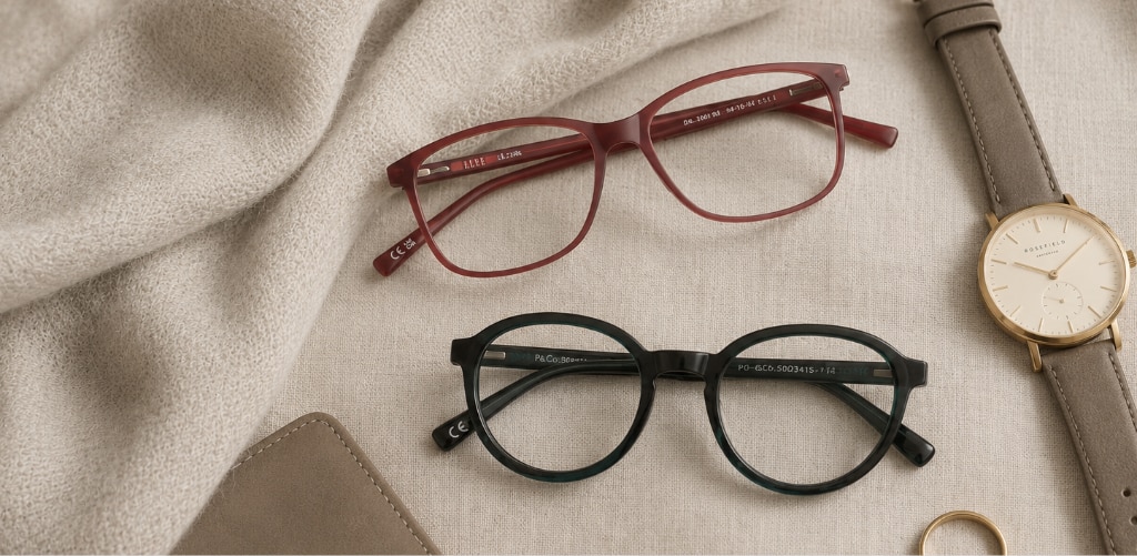 Two pairs of glasses are arranged on a neutral linen fabric alongside understated accessories, including a leather-strapped watch, a notebook, and a gold ring. One frame is a soft dark red rectangular style, while the other is a dark blue phantos style. The muted colour palette and textured materials create a sophisticated, quiet luxury-inspired flat lay composition.