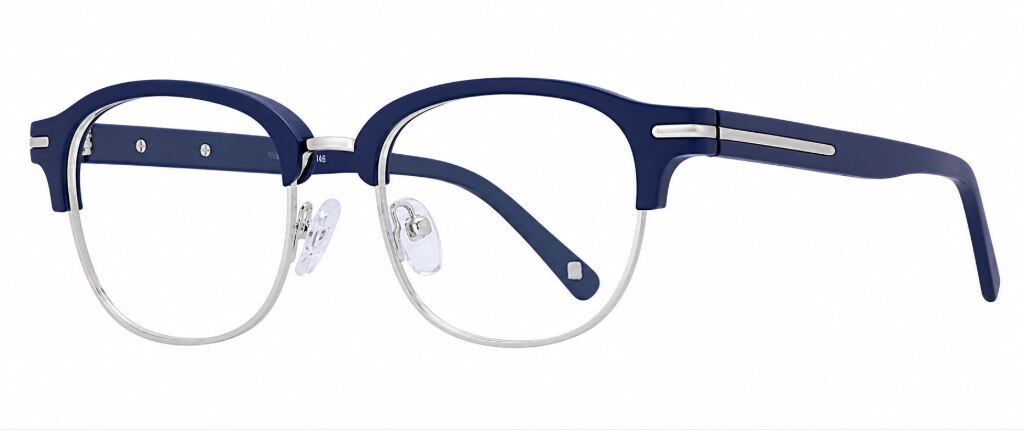 London Retro Grange square browline glasses in deep navy acetate with silver metal lower rims and slim temples, shown from an angled side view against a white background, highlighting a classic silhouette with a rich autumn-inspired colour combination.