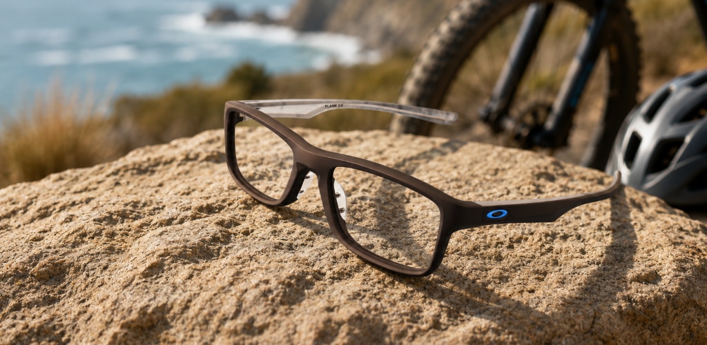 A pair of Oakley Plank 2.0 rectangular glasses with a satin black full-rim frame rests on a sunlit rock at a coastal lookout. Positioned at an angle to showcase both the front and side profile, the glasses feature the signature blue Oakley logo on the temple. A bicycle and helmet appear softly blurred in the background alongside rugged cliffs and ocean views, creating an active outdoor setting that emphasises performance, durability and adventure.