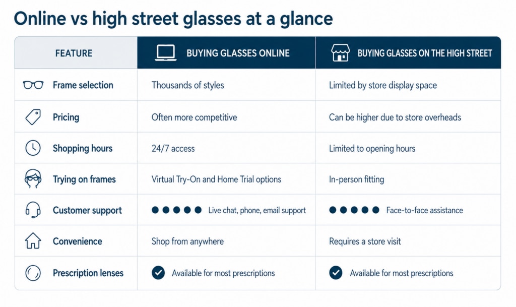 An infographic titled “Online vs High Street Glasses at a Glance” compares buying glasses online with buying them from a high street optician. The table contrasts key features including frame selection, pricing, shopping hours, trying on frames, customer support, convenience and prescription lens availability. It highlights benefits of online shopping such as a wider frame selection, competitive pricing, 24/7 access, virtual try-on and home trial options, while noting that high street stores offer in-person fittings and face-to-face assistance. Both options are shown as suitable for most prescription lenses.